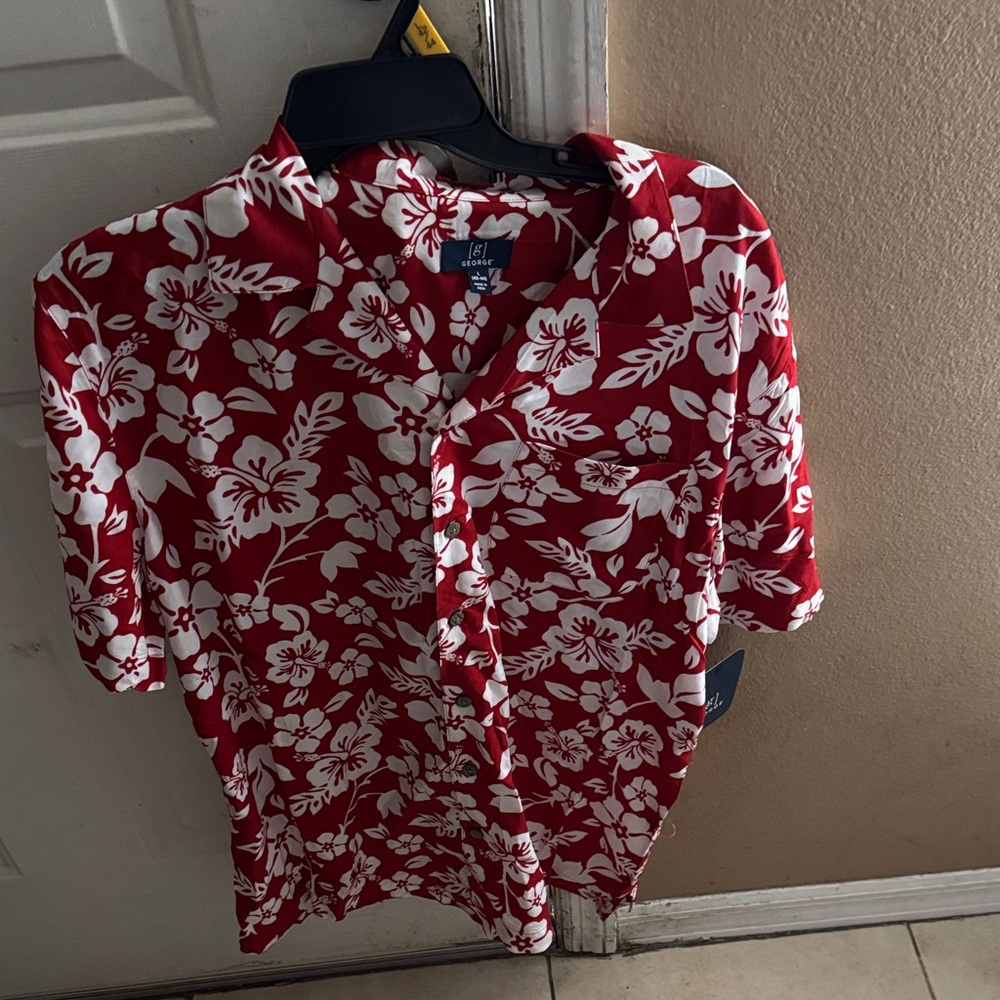 George Red and White Floral Button Down Shirt